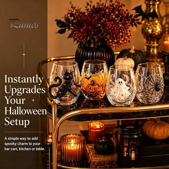 Bicchieri da festa di Halloween, Bicchieri in vetro con rilievo di zucca, fantasma, gatto, pipistrello, Bicchieri da bevande senza stelo spettrali, Bicchieri stagionali per