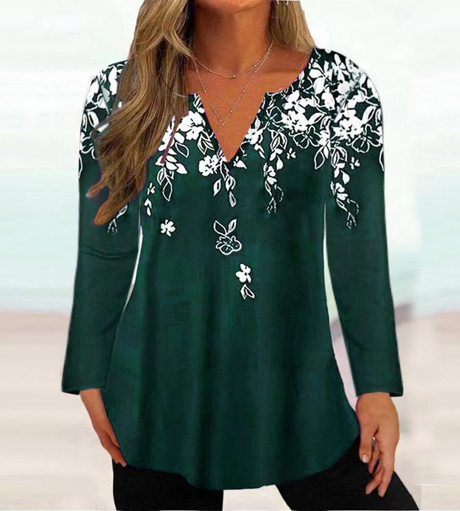 "2023 Autumn/Winter Women's Printed V-Neck Long-Sleeve T-Shirt"