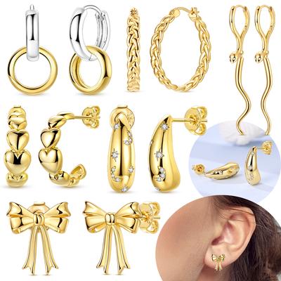 925 Silver White Zircon Gold Heart Stud Earrings Bow Snake Ear Hooks Beads Women Jewelry Girl Anniversary Day Gift