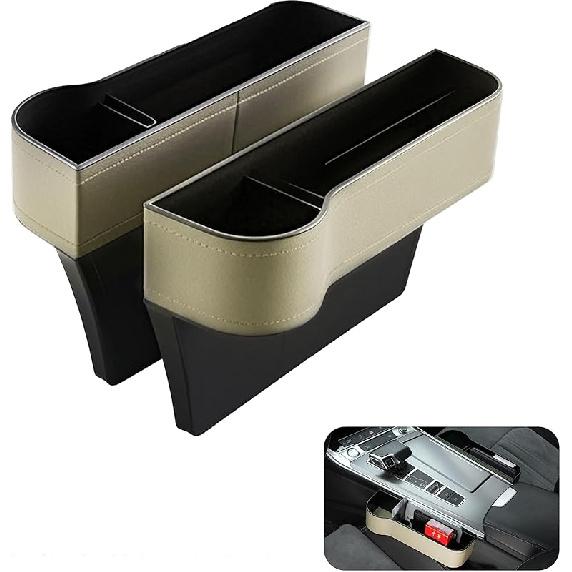 2026 Upgraded 2 PC (L+R) Premium PU Leather Car Seat Gap Filler Organizer With Cup Holder & Storage Slot/Bag– Fits Front Seat, Holds Phone,