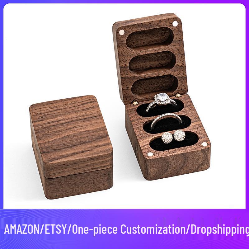 Elegant Solid Wood Jewelry Box: Three-Slot Wedding Ring & Earring Storage