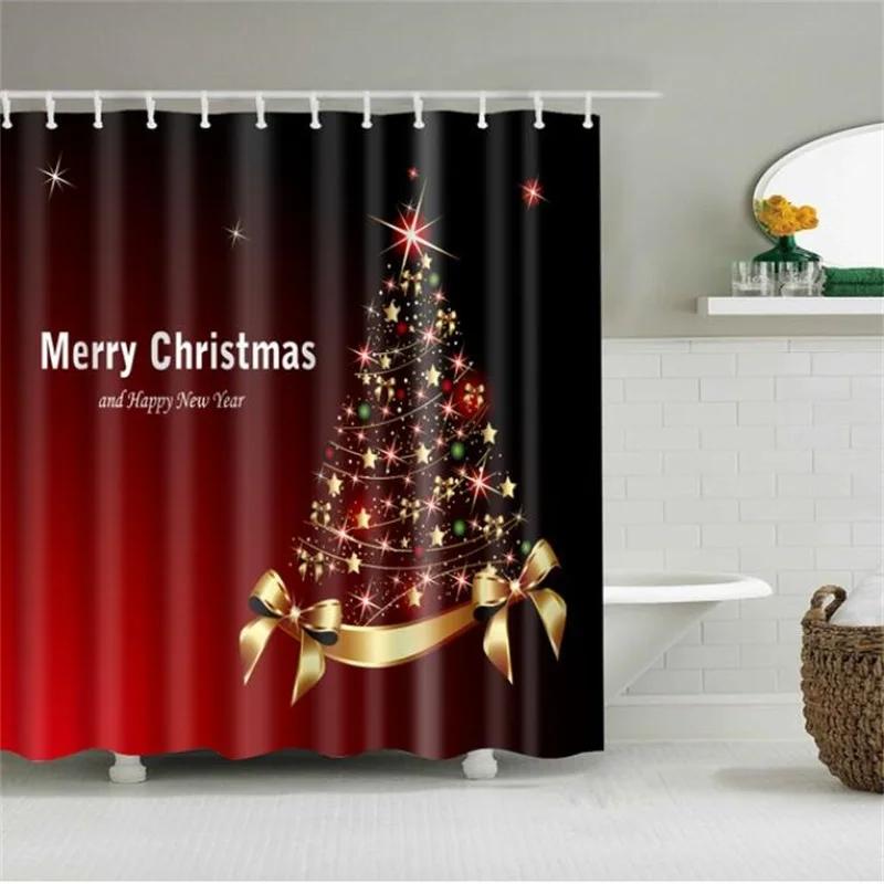 Merry Christmas Shower Curtain Christmas Home Decor Snowman Santa Claus Bathroom Curtain Polyester Fabric Bath Screen with Hooks