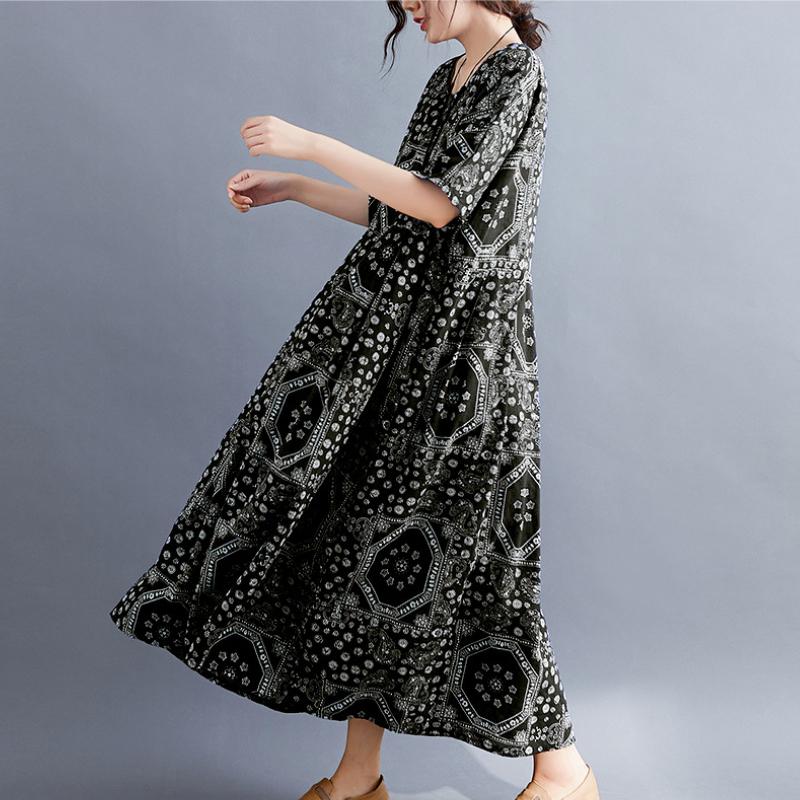 2025 Women Long Dress Summer New Literary Big Size Loose Printed Middle-aged and Elderly Broken Flower Short Sleeve Dress