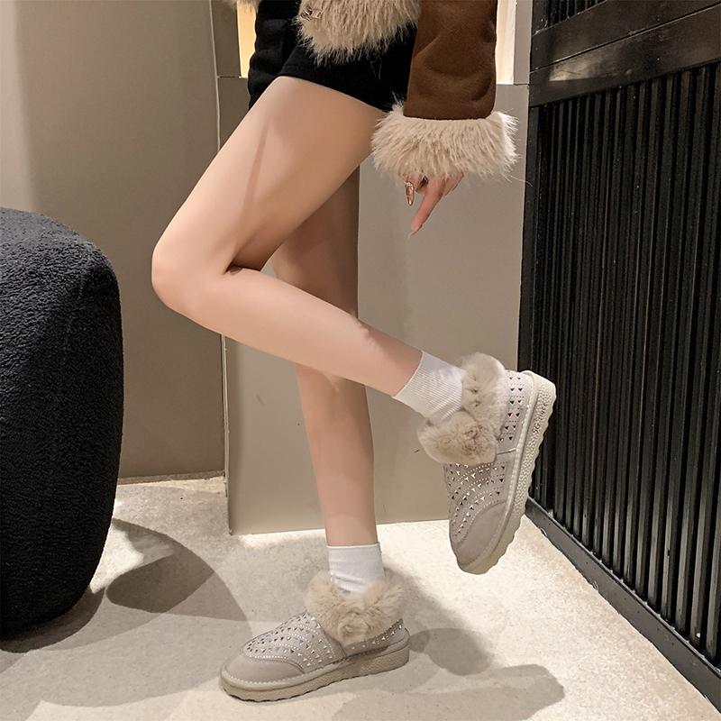 Fashion Women's Fashion Flat Shoes Winter New Round Head Suede Rhinestone Anti-slip Wear-resistant Snow Boots