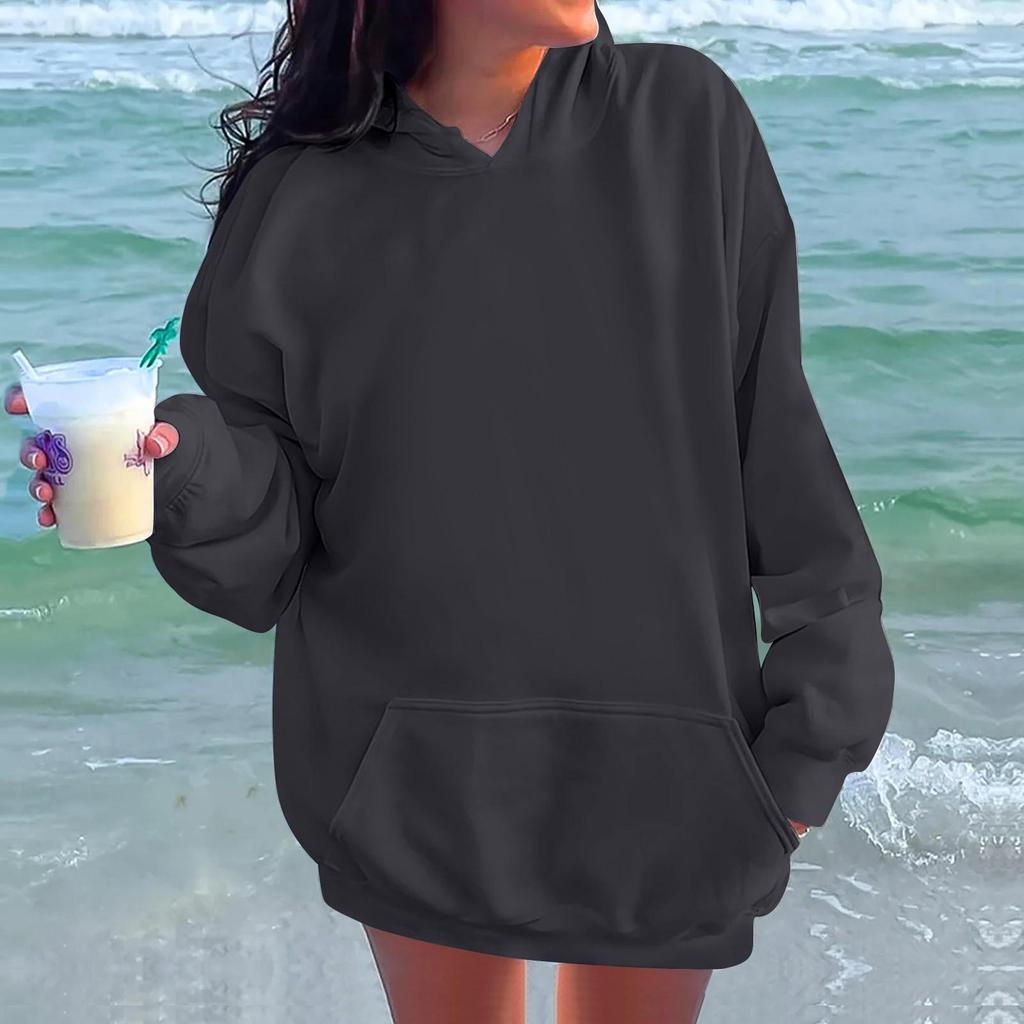 Ladies' Fashionable Casual Long Sleeved Round Neck Hooded Solid Color Hoodie With Threaded Thread