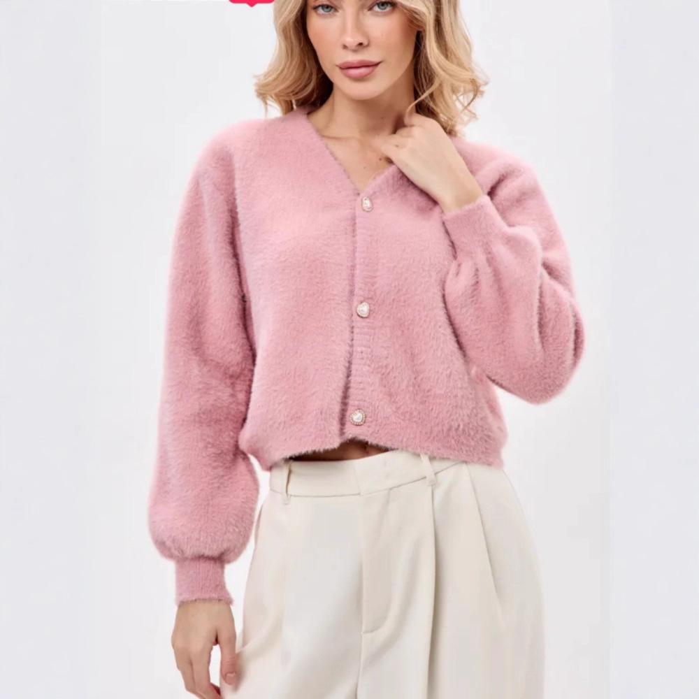 Autumn sophisticated soft V-neck mink fleece short knit cardigan for women, versatile lazy sweater jacket