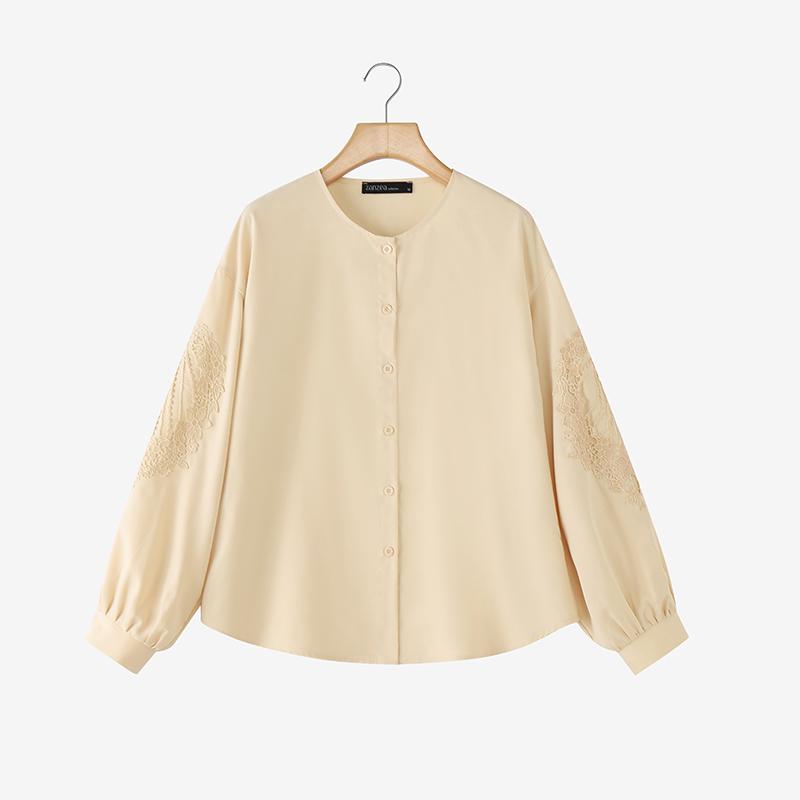ZANZEA Camicetta casual da donna a maniche lunghe con scollo rotondo e tinta unita