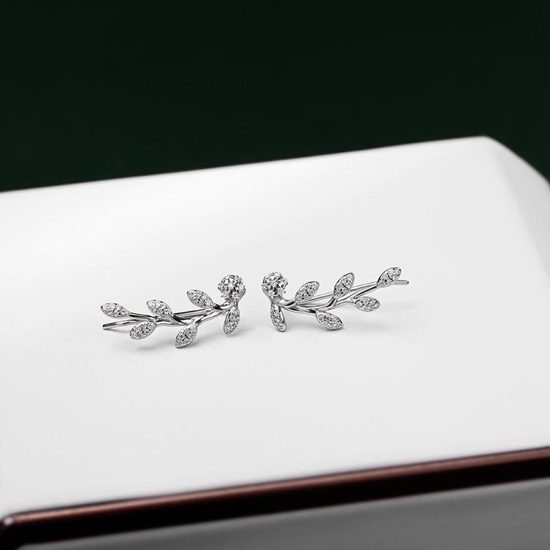 

Banyan Tree S925 Silver Olive Branch Leaf Zircon Ear Hooks - Cold Style Summer Earrings for Women 925 Silver платиновый