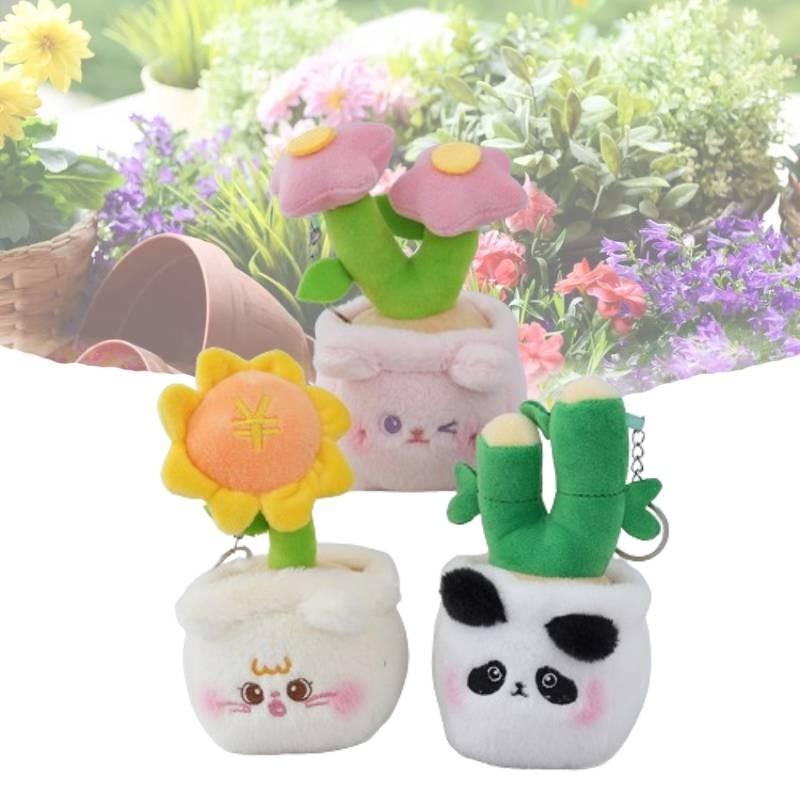 Fashion Plush Keychain Cute Potted Sunflower Kitten Green Bamboo Doll Pendant