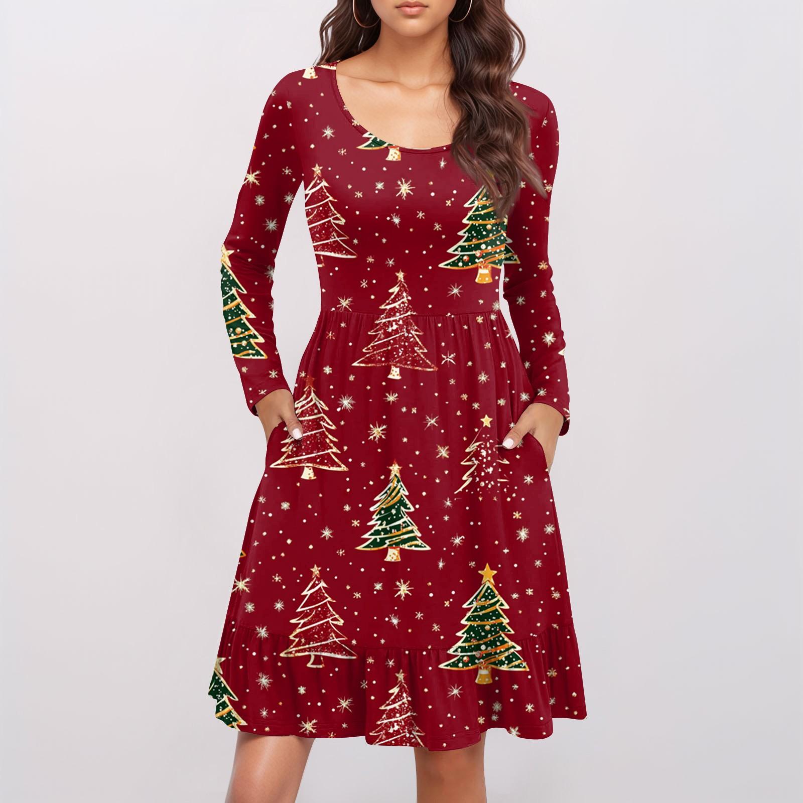 

Женское повседневное платье с круглым вырезом и длинными рукавами, плиссированное платье со свободной талией XL красный