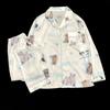 Cute Cat Print Pjs Satin Silk Sleepwear Long Sleeves Fashion Pyjamas Spring Summer Pajamas for Women Lapel Home Wear
