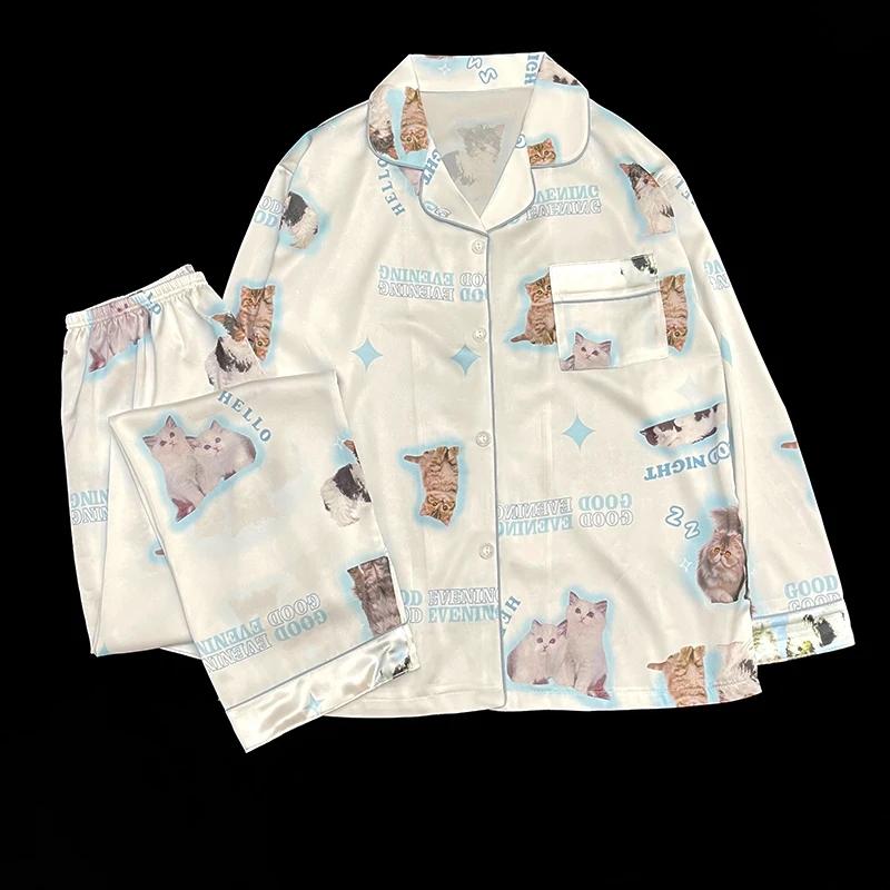 Cute Cat Print Pjs Satin Silk Sleepwear Long Sleeves Fashion Pyjamas Spring Summer Pajamas for Women Lapel Home Wear