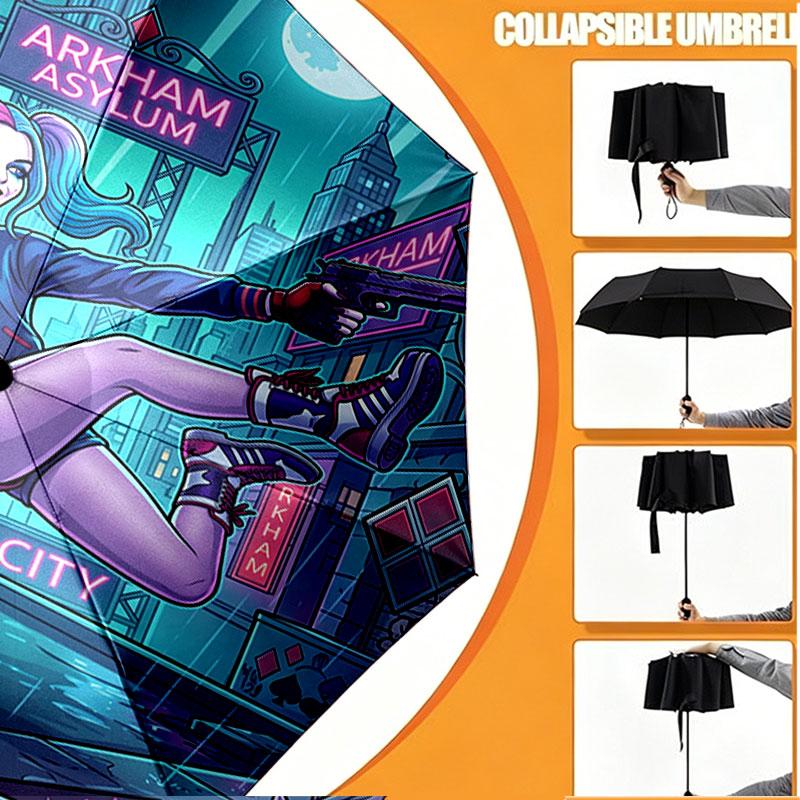 Custom Name Personalized Harley Quinn Print Umbrella, Auto Open Close, 8‑Rib Sturdy Frame, Commute Camping Hiking Use, Birthday Gift