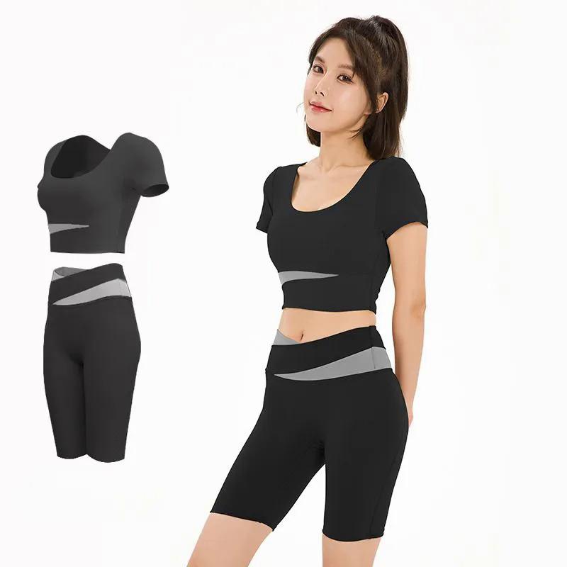 

Йога Спортивный костюм для фитнеса с короткими рукавами Суперэластичный противоударный быстросохнущий пупок M чёрный