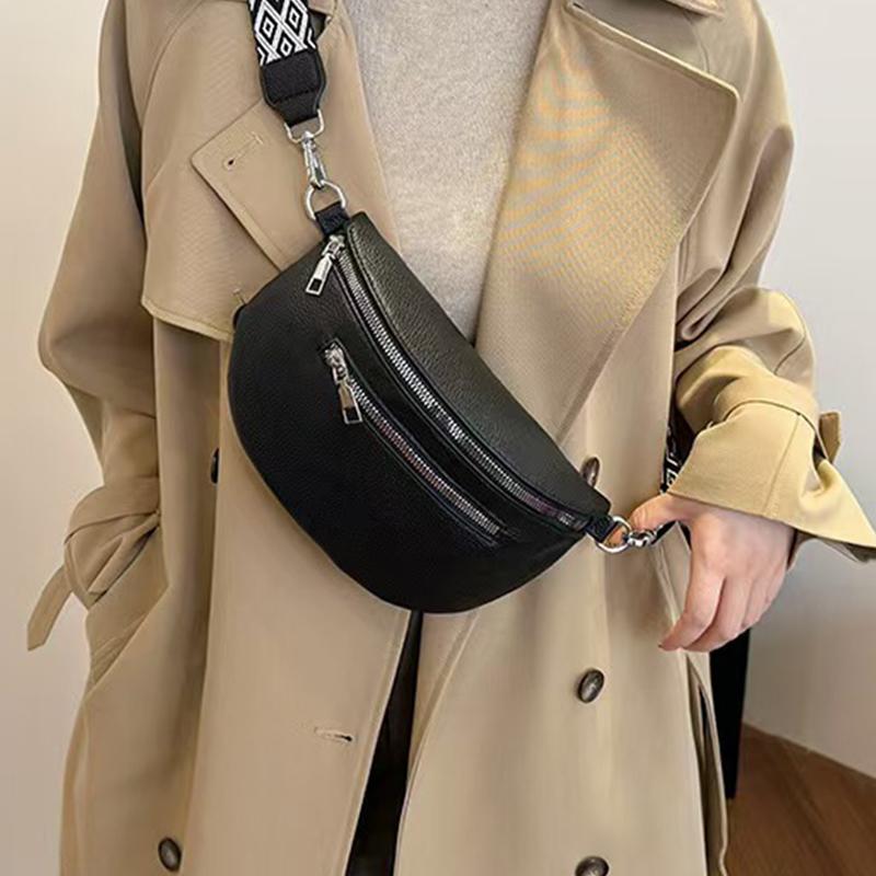 Sleek Black Faux Leather Waist Bag with Patterned Strap, Adjustable, Lightweight for Daily Commute, Casual, Stylish, Functial Bag