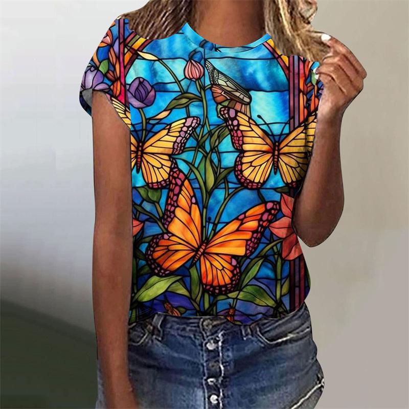 Buntes Schmetterling Tierdruck T-Shirt Damen Harajuku Vogel Blume Grafik Kurzarm T-Shirts Mode Grafik O-Ausschnitt T-Shirt Top