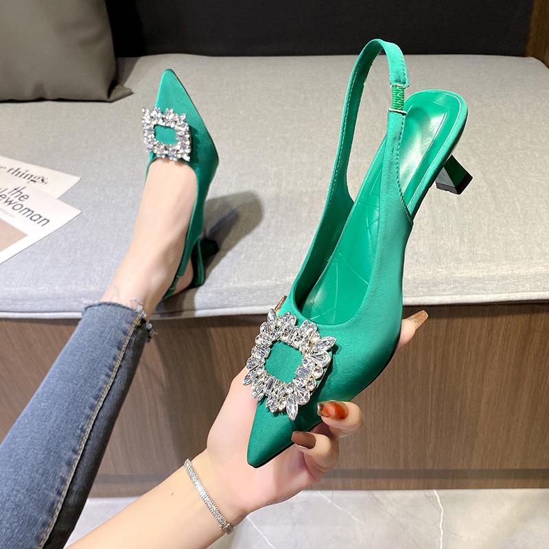 

Fashion Sandals Women 2024 Summer New Square Buckle Thin Heel Diamond Pointed Shallow Mouth High Heel Single Shoes for Women 35
