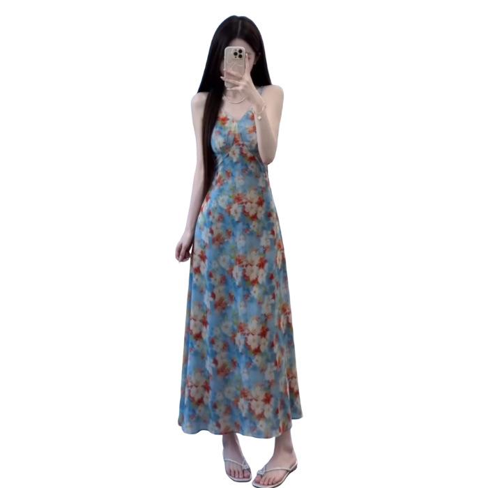 French blue floral suspender dress children s summer 2026 new seaside vacation wear beautiful waist skirt S