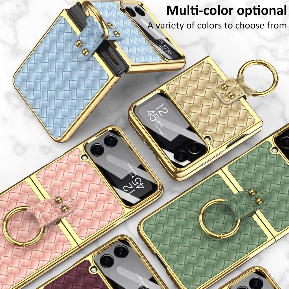 Ring Stand Capa For Samsung Galaxy Z Flip 4 5g Flip4 Case Plating Weave Textured Leather Lens Tempered Glass Plastic Pc Cover