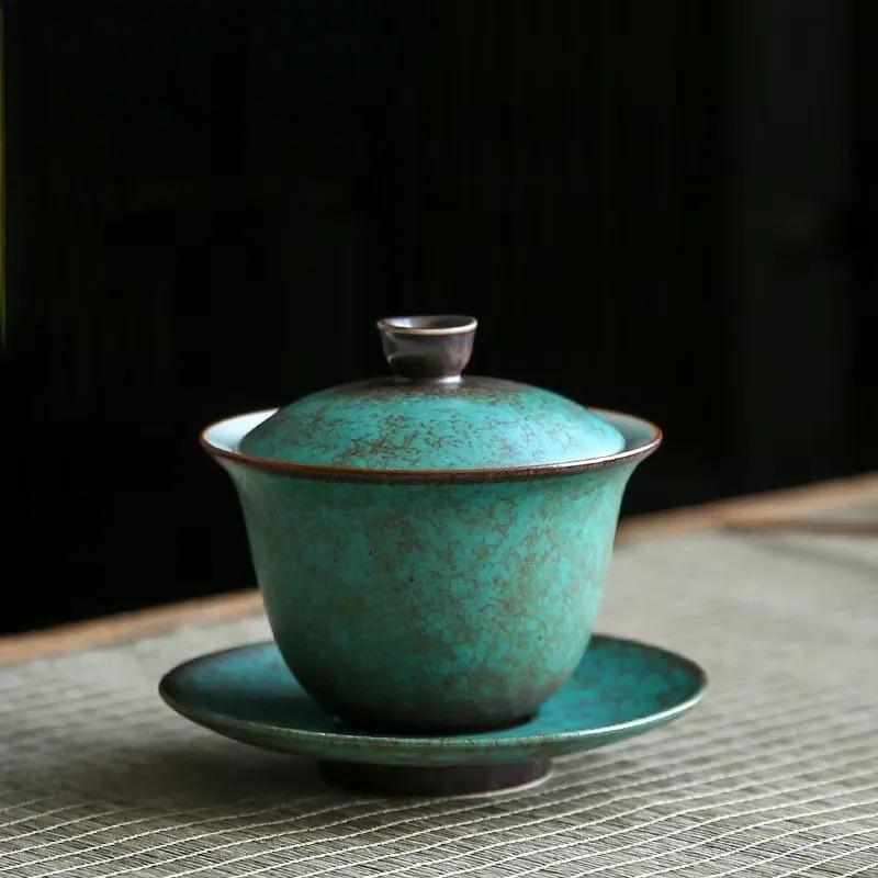 150ml Japanese Style Turquoise Glaze Ceramic Sancai Gaiwan Retro Kiln Change High-capacity Tea Cover Bowl Drinkware Customized