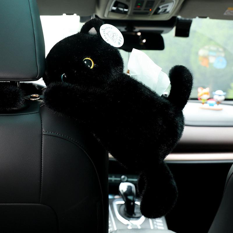 Amüsante Kätzchen-Taschentuchbox Plüschtiere Weich Gemütlich Aufhängbar Cartoon-Katze Auto-Taschentuchhalter Schöne Haus- & Auto-Dekoration Netter Geschenk für Freunde (Black,38cm)