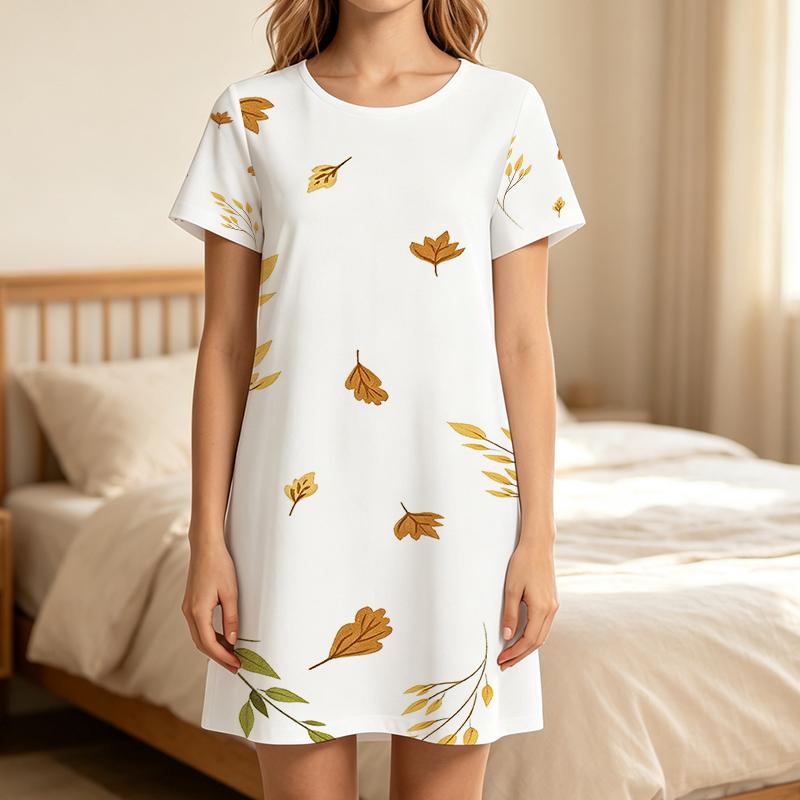 Short Sleeve Nightgown, Maple Leaf Pattern, Loose Fit, Ladies Night Dress