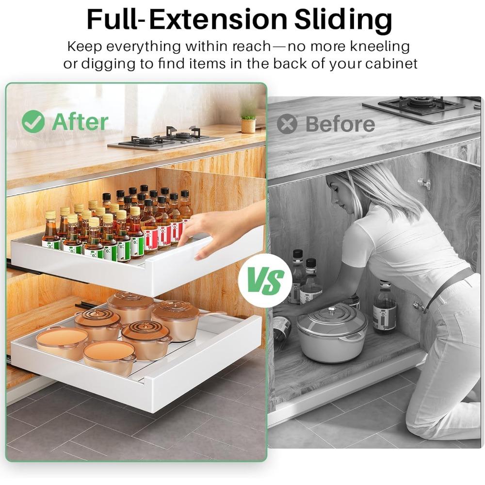 Pull Out Cabinet Organizer, 21"Deep, Slide Out Drawers for Kitchen Cabinets, Under Sink Organizers and Storage with Adhesive