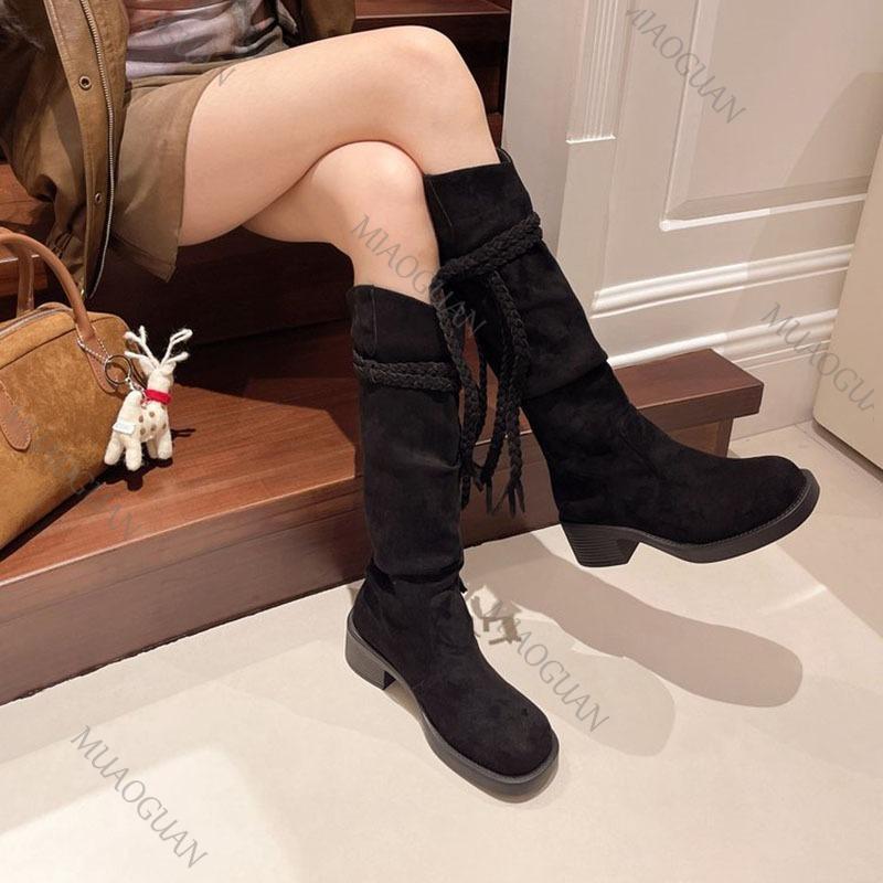 Fashion 2025 Autumn New Tassel Knight Boots Women Black Brown Thick Heeled Solid Mid-calf Boots Stacked Suede Slip on Botas Feminino