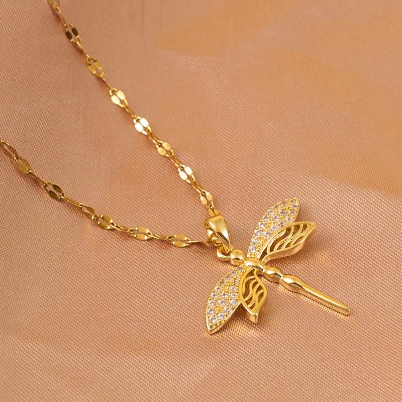 Trendy Gold Color Dragonfly Wings Necklaces For Women Stainless Steel Crystal Necklace Everyday Jewelry Gifts