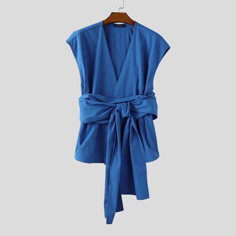 INCERUN Men Sleeveless Lapel Button Up Belt Ruffled Loose Casual Long Waistcoats