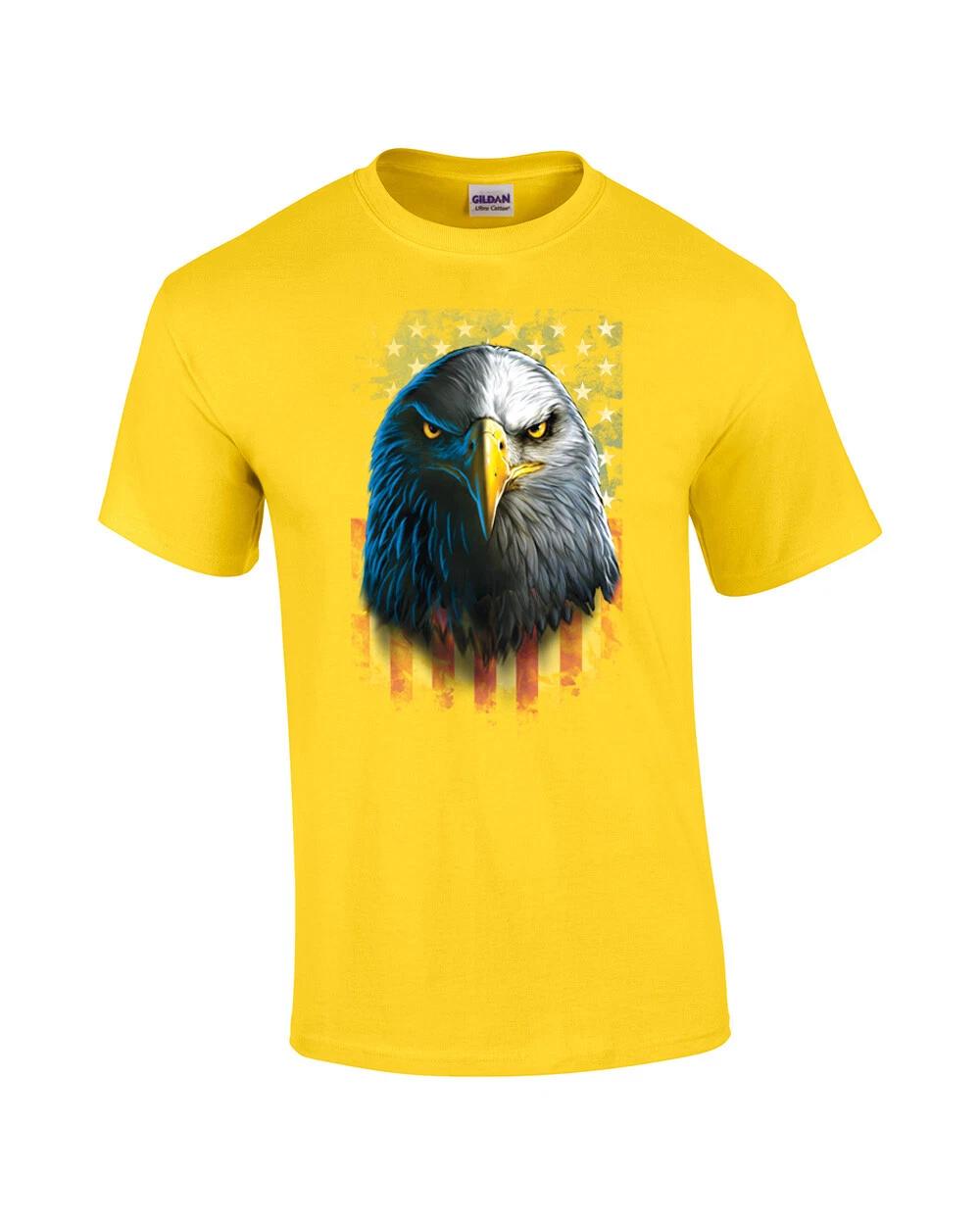 Bald Eagle Staring with American Flag Short Sleeve T-Shirt-Yellow-Small 2XL