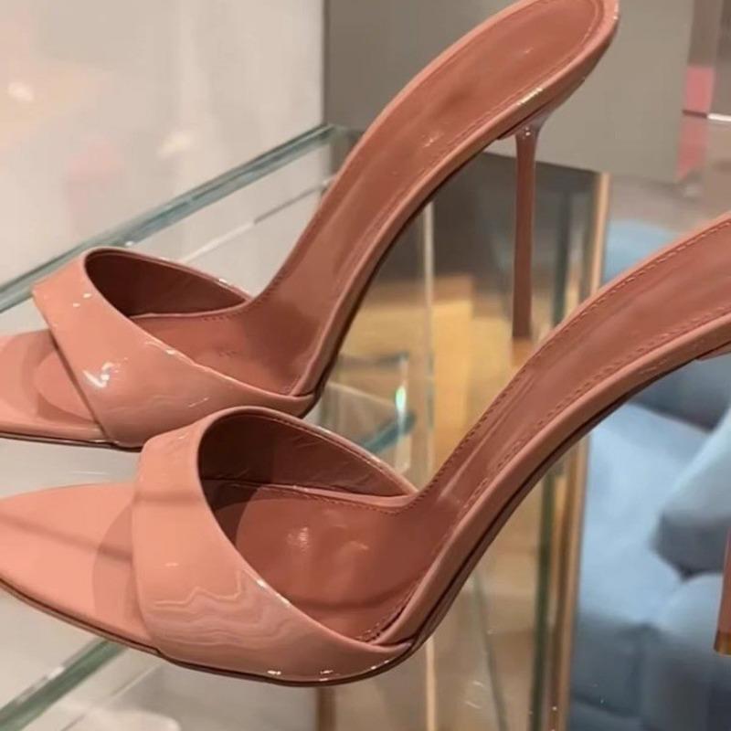 Summer New Patent Leather Open Toe Set Foot Non-slip Wear Wearing Slippers Women Sexy Pointy One-line High Heels