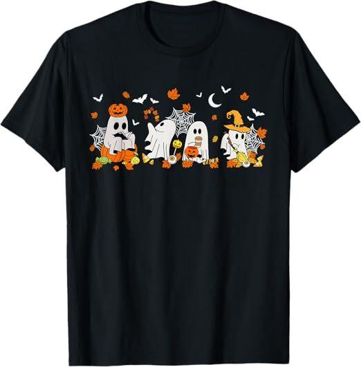 Cute Ghost Drinking Coffee Halloween Fall Ghost Book Reading T-Shirt S