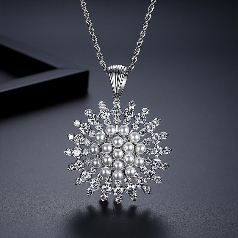 LUOTEEMI Luxury Cubic Zirconia with Imitation Pearl Sun Flower Elegant Women Long Chain Necklaces Fashion Jewelry 40cm+5cm