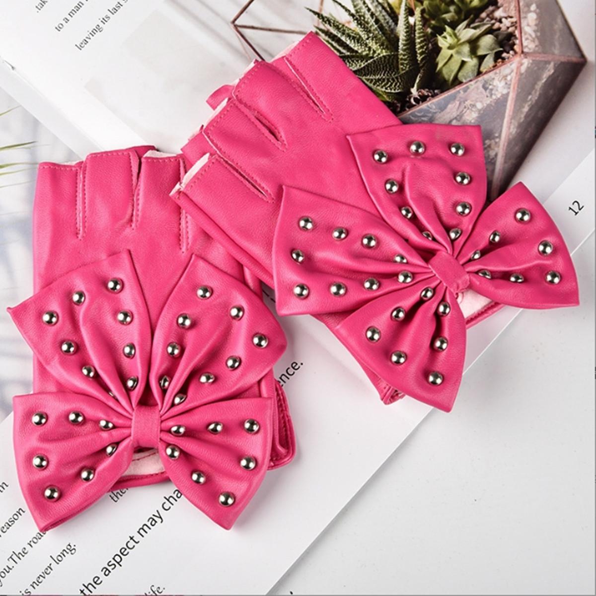 

Женские перчатки с бантом и заклепками, перчатки для выступлений, перчатки без пальцев, перчатки для танцев в ночном клубе, сценические танцевальные перчатки One Size розовый