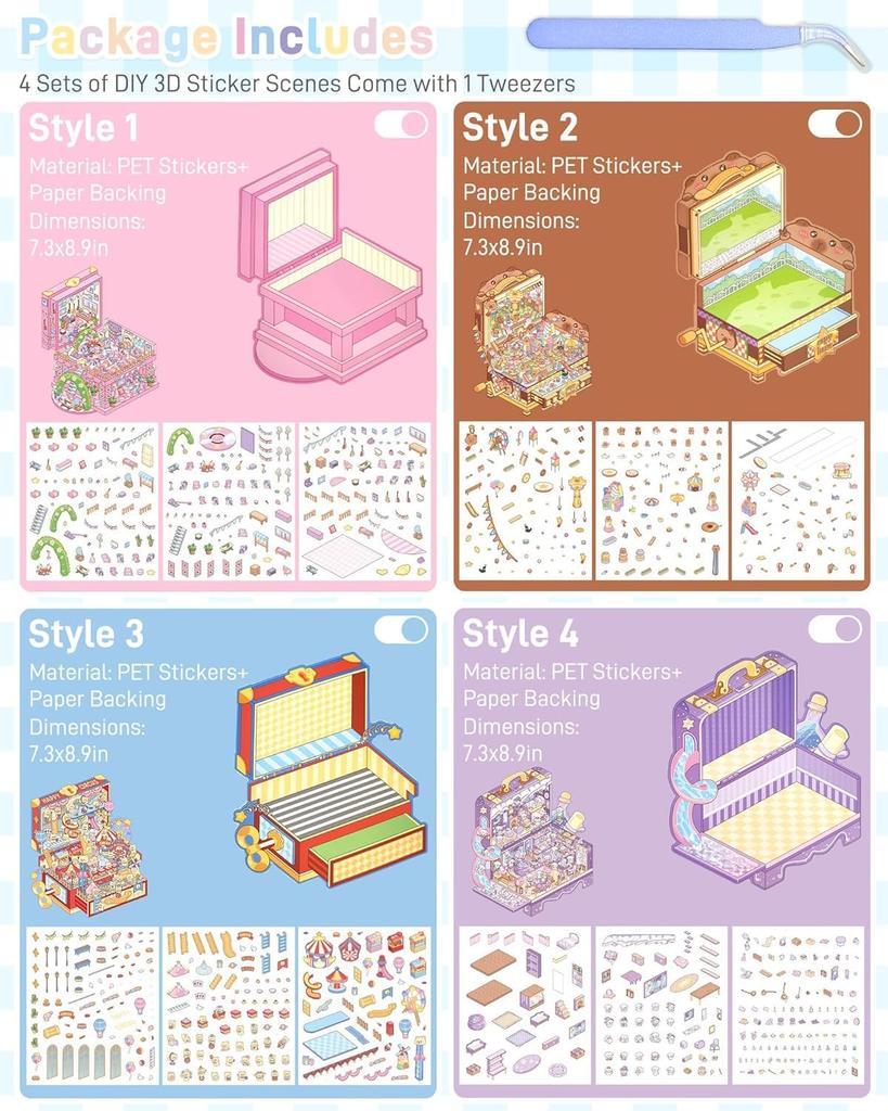 Set of 4 3D Cartoon Scene Miniature Stickers and Make Your Own Home Sticker Kit for Adults and Fun Room Stress Relief Pins, Kids, Decor, (Style 1)