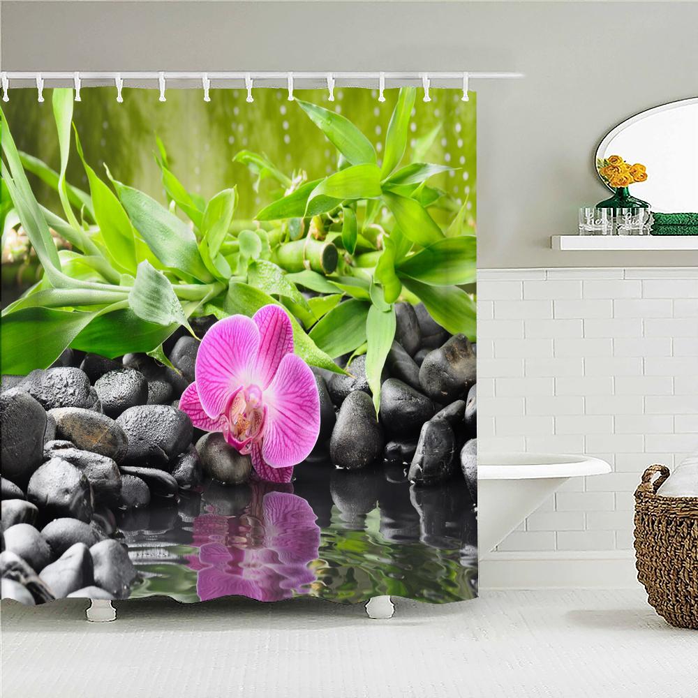 Beautiful Colorful Flower Printed Shower Curtains Frabic Zen Stone Floral Waterproof Polyester Bath Curtain With Hooks 180X180cm