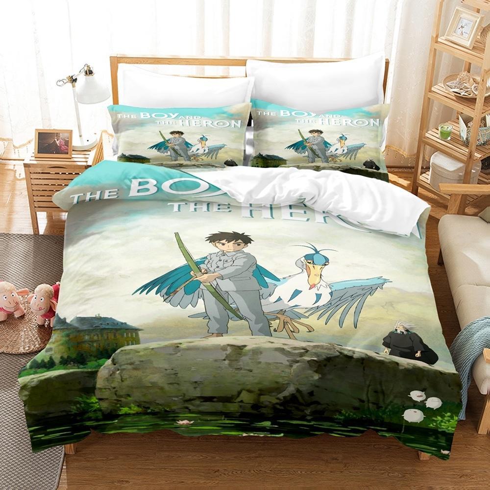 Pojken och hägern Sängklädesset Enkelt Twin Full Queen King Size Sängset Vuxen Barn Sovrum Påslakanset Anime Lakan Set