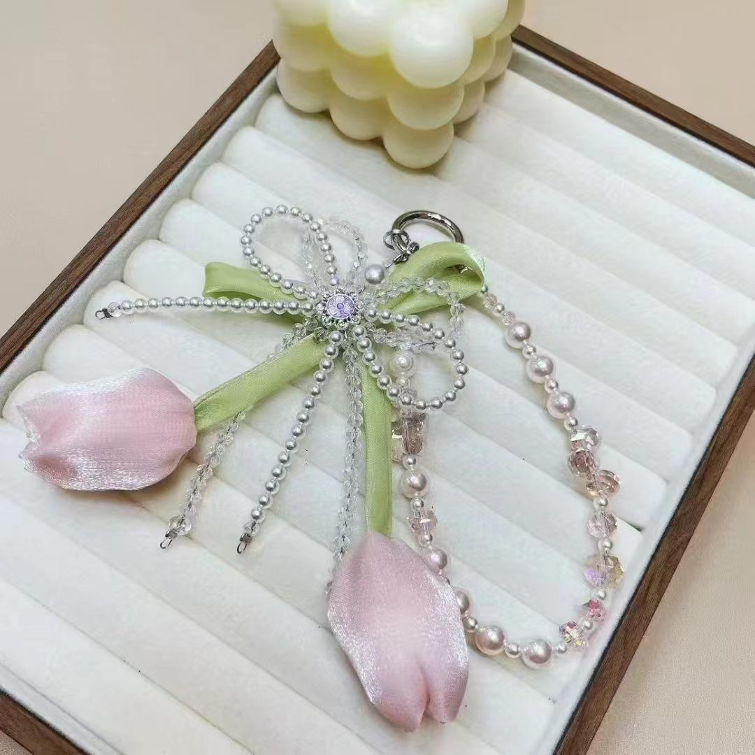 ins wind tulip pendant mobile phone chain pearl bow crystal beaded wrist lift lanyard keychain pendant