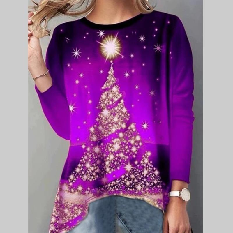 QICED Blusas y camisas informales de manga larga con cuello redondo a la moda para mujer