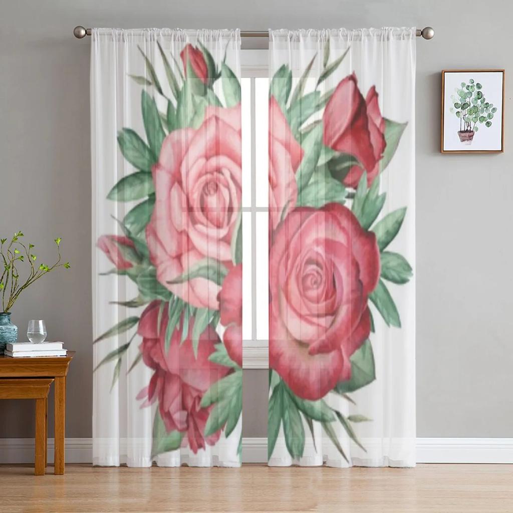 Rose Flower and Leaves Tulle Window Curtains for Living Room Yarn Sheer Voile Curtain for Bedroom Kitchen Drape Decor