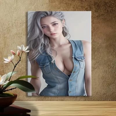 HD Metal Tin Sign Stunning Silver Hair Beauty In Denim Vest Wall Art Retro Metal Plaque for Man Cave Decor X Inch