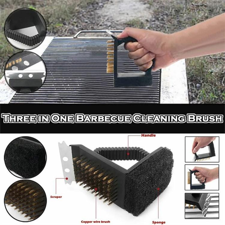 

3-in-1 Barbecue Copper Wire Brush Stainless Steel Scraper BBQ Cleaning Tool Type A