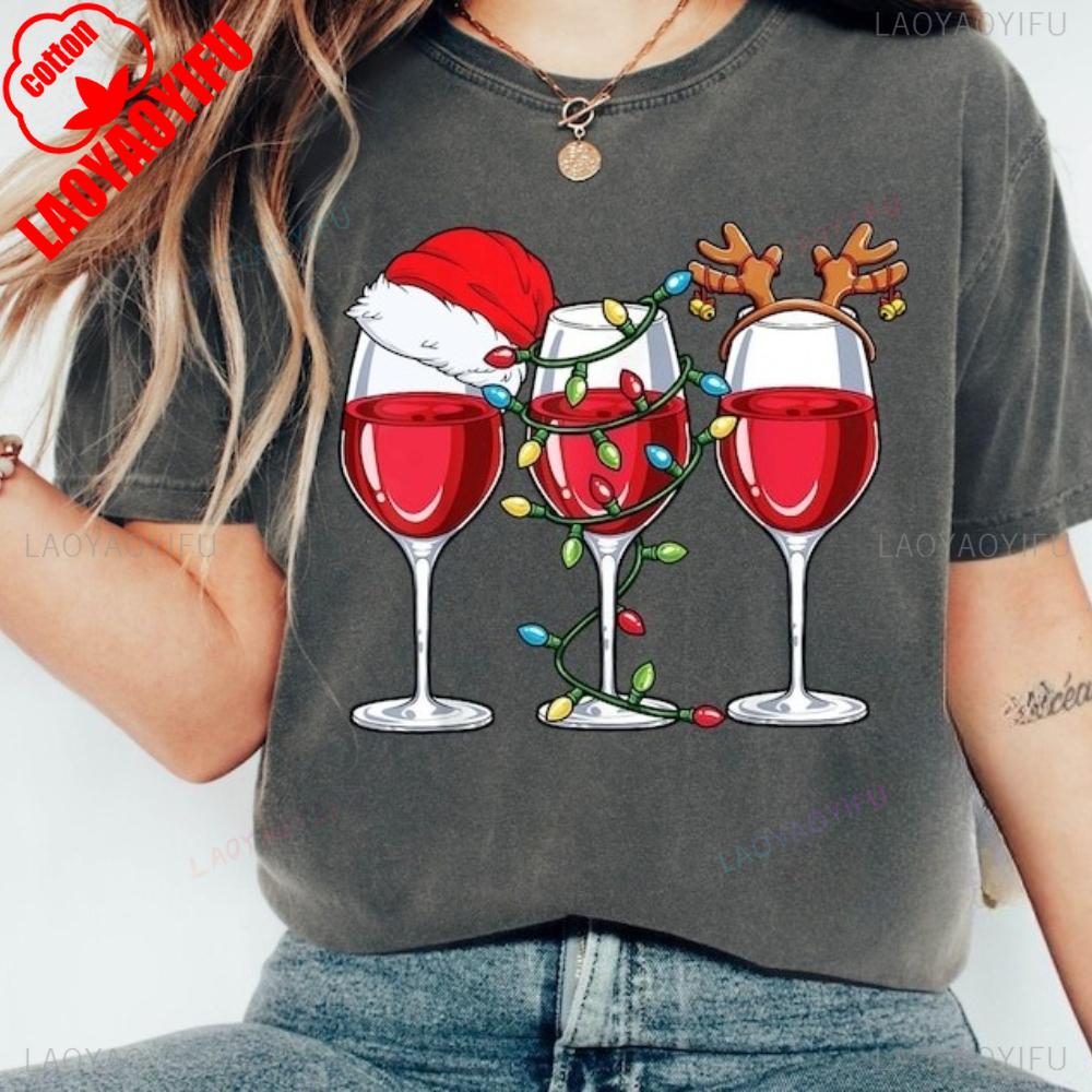 Christmas Party Shirt Women Wine Glasses TShirt Wine Lover Christmas Gift Tee Simple Casual Festival Clothing Cotton Tee Tops