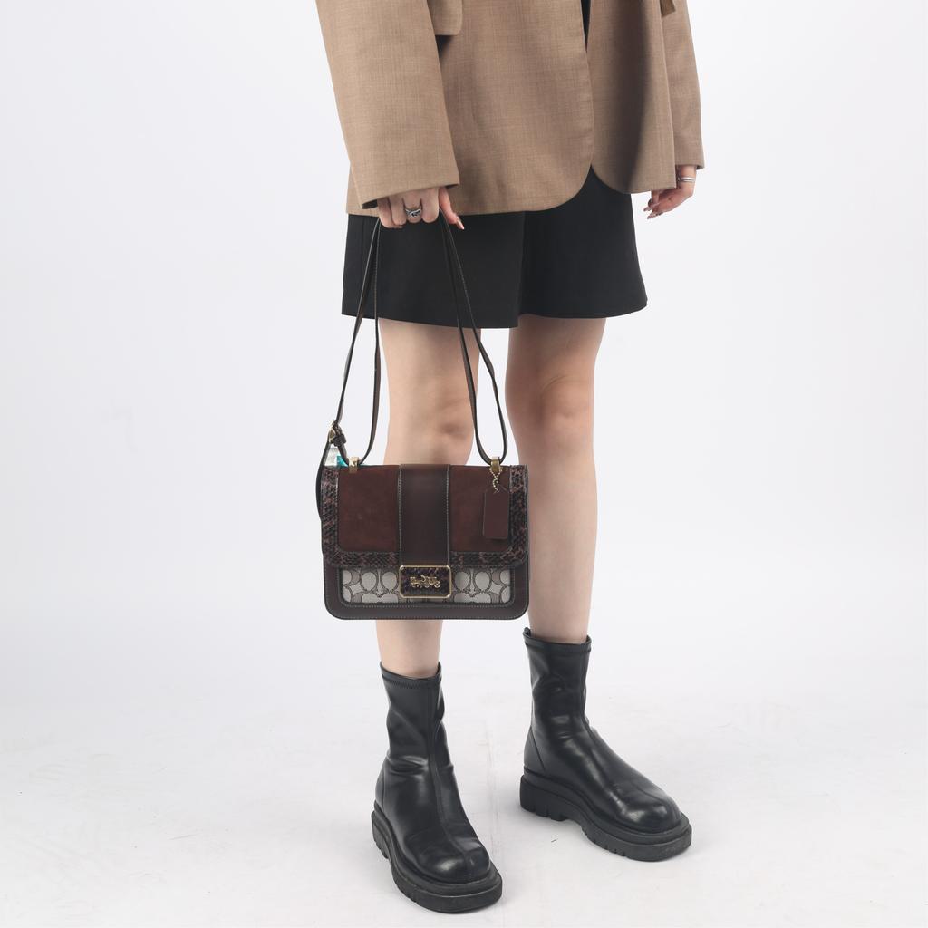 Coach Alie 23 Magnetic Closure Design Fabric And Leather Messenger Bag Small Crossbody Shoulder Bag Medium Women Bags Brown C3756-B4S0M