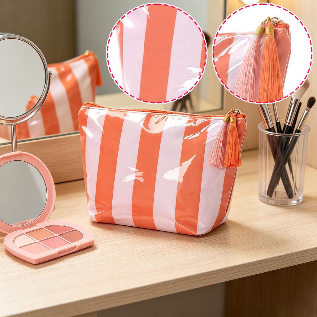 Large Capacity Waterproof PVC Travel Toiletry Bag with Striped Pattern and Tassel Zipper for Makeup Brushes and Accessories Storage Organizer