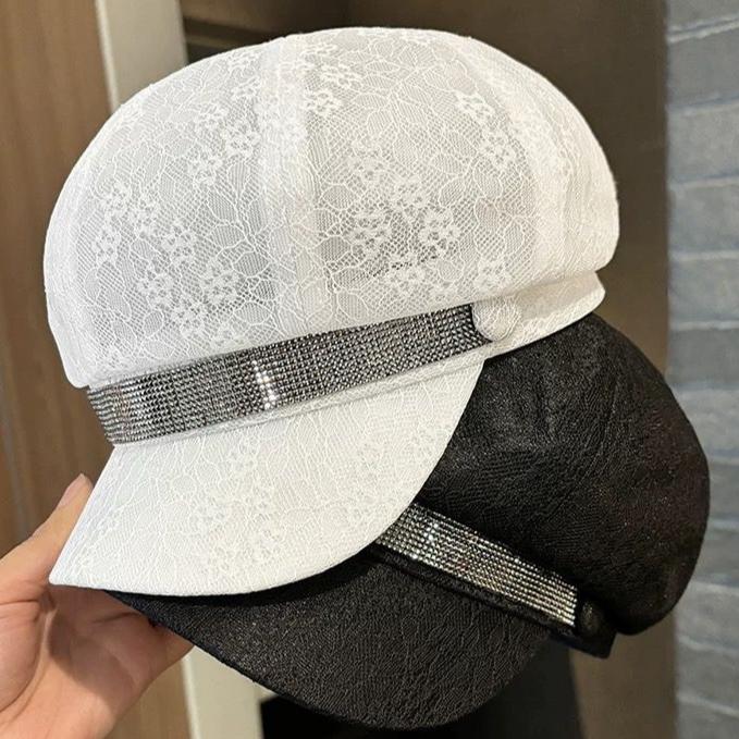New Rhinestone Webbing Octagonal Hat Children's Spring and Summer Mesh Lace Breathable Duck Tongue Beret