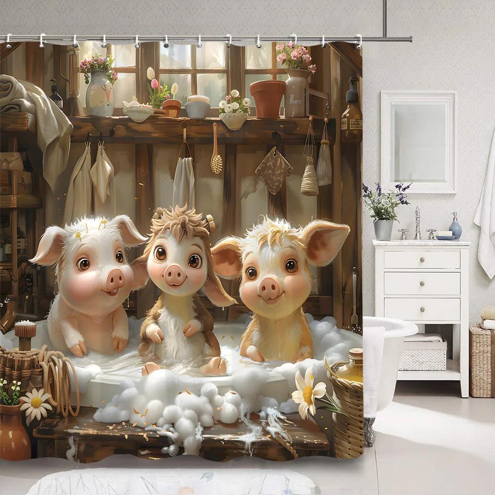 Cute Pig In Bathtub Bath Curtain for Kids Funny Cartoon Animals Rustic Wooden Plank Polyester Fabric Bath Curtain Bathroom Decor