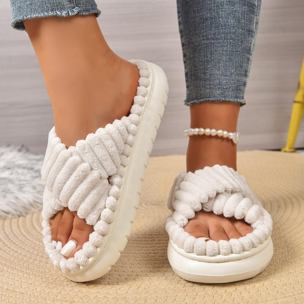 Fashion Women Corduroy Cross Strap Home Slippers Men Soft Warm Flat Slides Family Indoor Fashion Concise Plush Sandals for Four Seasons