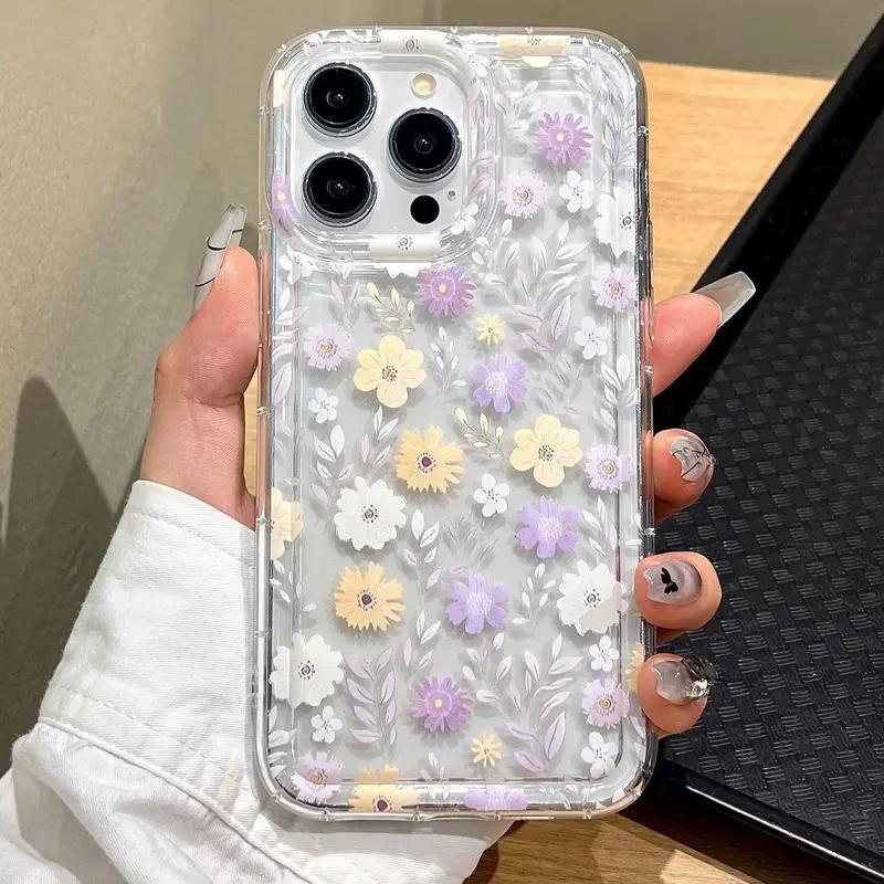 Korean Cute Flower Soft Phone Case For iPhone 16 14 13 11 15 Pro Max 12 Mini XS XR X 8 7 Plus SE  13Pro Transparent Cover